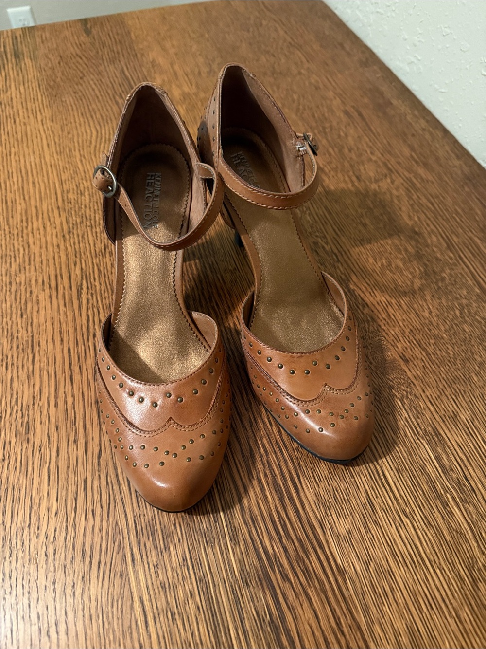 Kenneth Cole Reaction Cognac Leather Mary Jane Heels with Ankle Strap